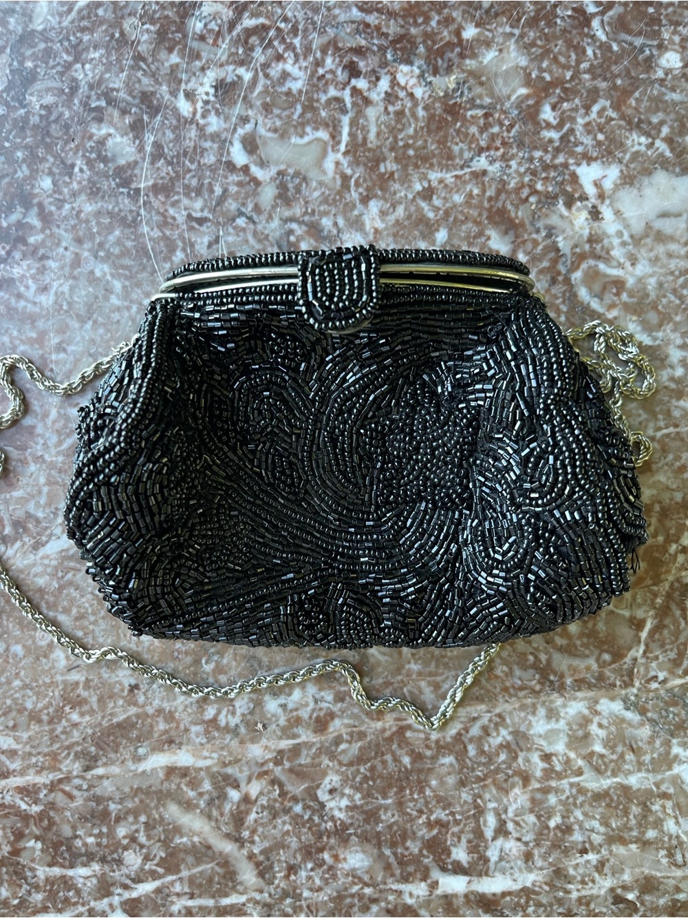 La Regale Black Beaded Evening Clutch with Chain
